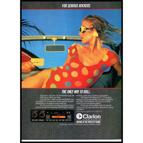 1985 Clarion Car Stereo Audio Vintage Print Ad 80s Fashion Swimsuit Wall Art - Picture 1 of 2